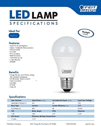 Feit Elektrikli FEİT 60W LED Ampuller Kısılabilir 800L 5K 10PK, Yumuşak Beyaz, 10 Sayım