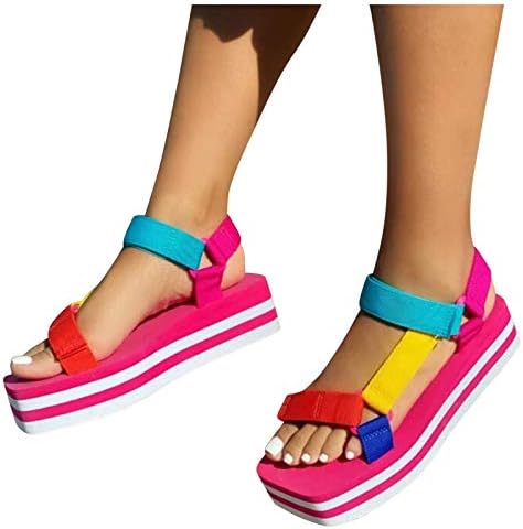 shuxıa Kadın platform sandaletler Yaz Rahat Bez Renkli Ayarlanabilir Kayış Yuvarlak Peep Toe Platformu Arch Destek Slayt Düz