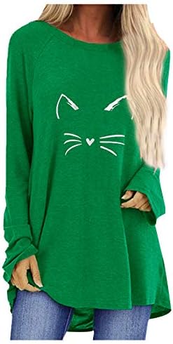 Kadın tişörtleri Uzun Kollu Sevimli Kedi Baskı Grafik Tees Casual O Boyun rahat Üst Bluz