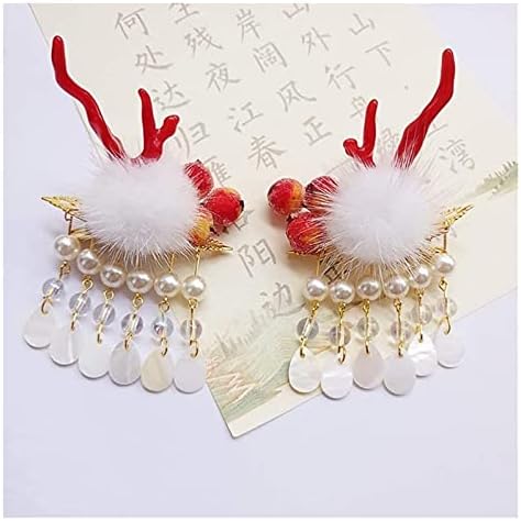 AnımeFıG 1 Çift Noel saç tokası Kabarık Topu Kürk Tokalarım Ren Geyiği Inci Püskül Tokalar Çin Şapkalar Kadınlar Kızlar ıçin