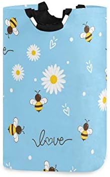 susiyo Uçan Bal Arıları ve Papatya Çiçek Mavi Arka Plan Çamaşır Sepeti Katlanabilir çamaşır sepeti Organizatör Bağlantısız