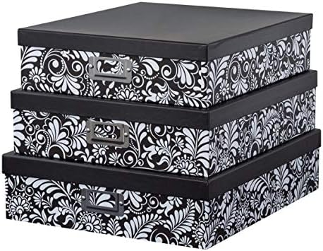 Kapaklı Soul & Lane Dekoratif Saklama Karton Kutuları / Modern Botanik-3'lü Set | Siyah Beyaz Karton Yuvalama Kutuları