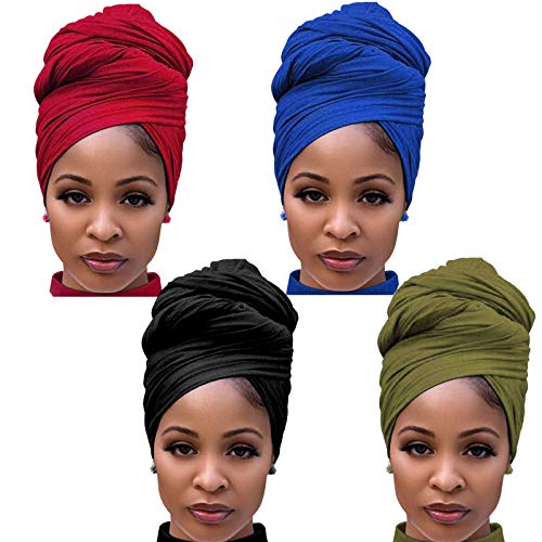 4 Paketleri Streç Jersey Türban Başkanı Wrap Afrika Başkanı Wrap Kadınlar için başörtüsü Ultra Yumuşak Kafa Bandı Uzun Saç