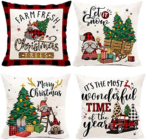 Noel Yastık Kapakları 18x18 4 Set, Noel Dekoratif Yastık Kapakları, Kırmızı Buffalo Desen Ekose Yastık Kapakları, Gnome Tatil