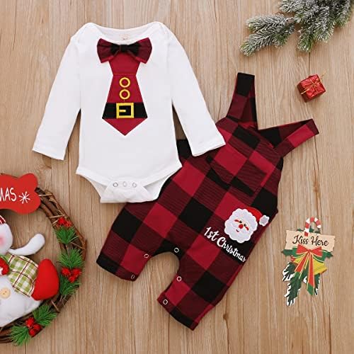 Bebek Erkek Bebek Benim 1st Noel Kıyafetler Ekose papyon Uzun Kollu Romper Tulum Pantolon Şapka Noel Giysileri