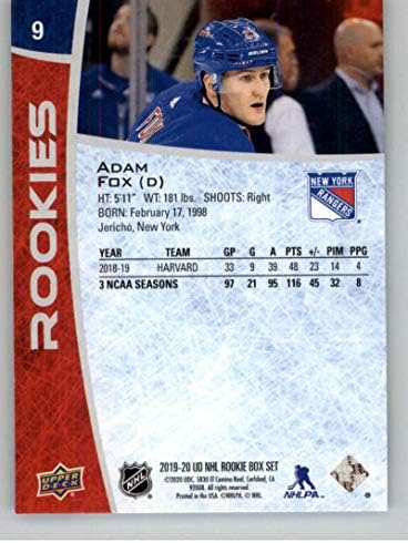 2019-20 Üst Güverte NHL Çaylak kutu seti 9 Adam Fox New York Rangers Resmi UD Hokeyi Ticaret Kartı