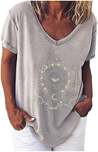 Kadınlar için yaz Üstleri V Boyun Kısa Kollu Ay Güneş Baskı Rahat T-Shirt Gevşek Bluz Gömlek Artı Boyutu Kazak Grafik Tees