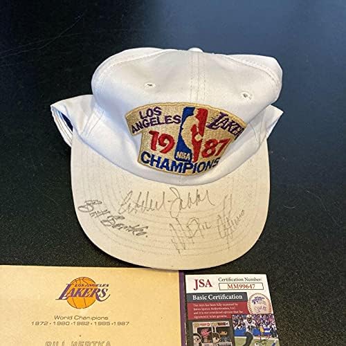 Magic Johnson Kareem Abdul Jabbar 1987 Los Angeles Lakers Şampiyon Şapkasını İmzaladı JSA İmzalı NBA Şapkaları