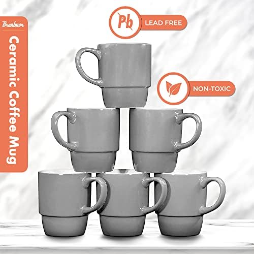 Seramik İstifleme Kahve Kupa Çay Bardağı Bulaşık Makinesinde Yıkanabilir 6 Set-Büyük 18 Ons, Gri