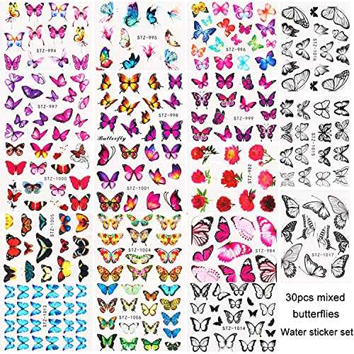 30 Levhalar Kelebek Nail Art Etiketler Su Transferi Tırnak Çıkartmaları Tırnak Sanat Aksesuarları Renkli Kelebekler Tırnak