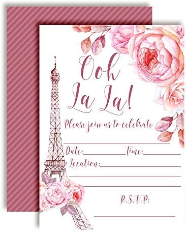 Doğum Günleri, Bebek Duşları, Gelin Duşları, Nişan Partileri ve daha fazlası için Ooh La La Suluboya Çiçek Paris Parti Davetiyeleri.