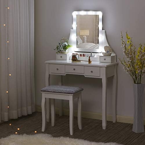 Işıklı Ayna ile BEWİSHOME Vanity Seti, 10 LED Kısılabilir Ampuller, Minderli Tabure, Makyaj Vanity Makyaj Masası Tuvalet Masası