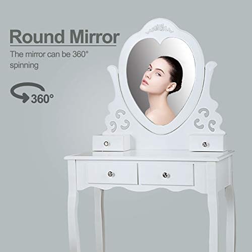 Kalp Şeklinde Ayna ve Yastıklı Tabure ile Makyaj Makyaj Masası Seti, Üst Çıkarılabilir Yazı Masası, 4 Çekmeceli Modern Tuvalet