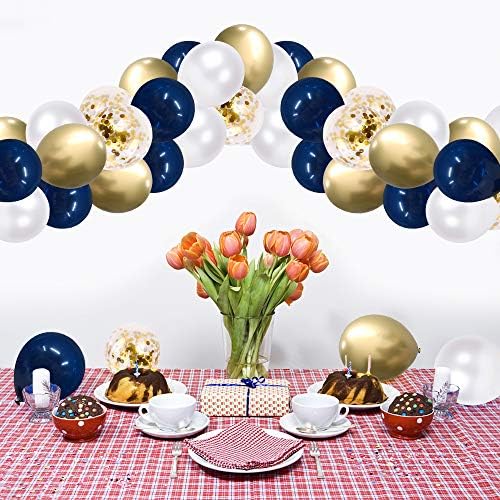 Lacivert ve Altın Konfeti Balonları, 60 adet 12 inç İnci Beyaz ve Altın Metalik Krom Parti Lateks Balon Doğum Günü,Düğün ve