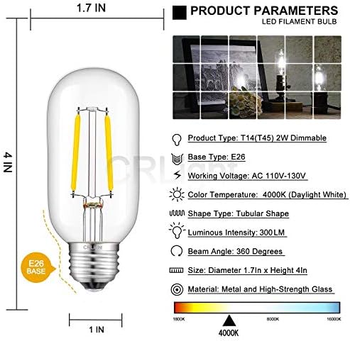 CRLight LED Tübüler Ampul 4000 K Günışığı Beyaz, 30 W Eşdeğer 300 Lümen, 2 W Dim LED Filament Ampuller, E26 Bankası Antik Edison