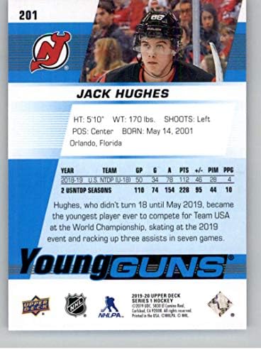 2019-20 Üst Güverte Serisi Bir Hokey 201 Jack Hughes RC Çaylak Kartı New Jersey Devils Resmi NHL Ticaret Kartı UD