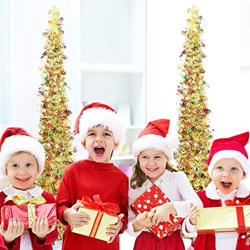 Oyrz 5FT Pop Up Noel Altın Cicili Bicili Ağaçları W/Renkli Yansıtıcı Payetler, Katlanabilir Yapay Kalem Noel İnce Ağacı w /