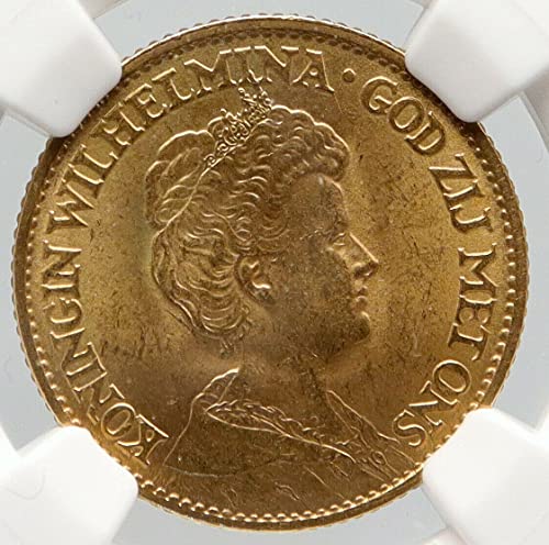 1913 NL 1913 Hollanda Krallığı Kraliçe WİLHELMİNA Antik 10 Gulden MS 64 NGC