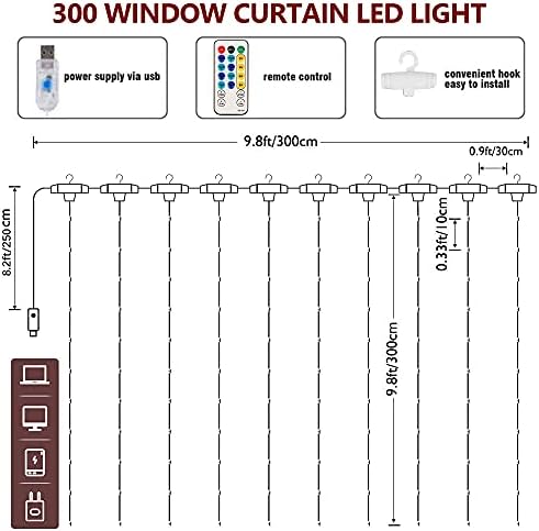 EV aydınlatma pencere perde dize ışıkları, 300 LED 8 aydınlatma modları peri bakır ışık ile uzaktan, USB Powered su geçirmez