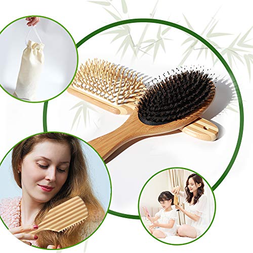 3 Adet Doğal Domuzu Kıl Saç Fırçası Hediye Seti, Anti-Saç Dökülmesi, doğal Ahşap Bambu Saç Fırçası Kadınlar için + Kürek Saç