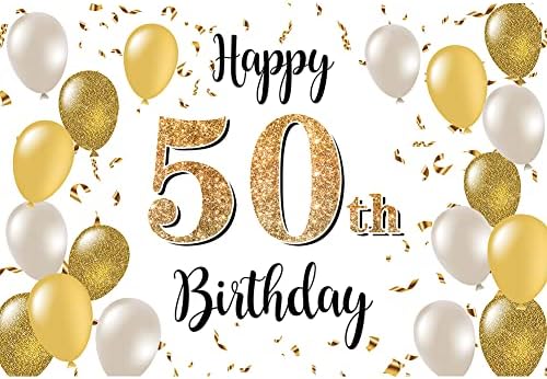 Baocicco 10x6. 5ft Mutlu 50th Doğum Günü Zemin Fotoğrafçılık için Glitter Altın Beyaz Balon Şerit Adam Kadın 50 Yaşında Doğum