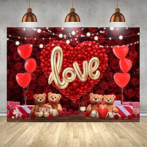 Lofaris sevgililer Günü Zemin Fotoğrafçılık için 7x5FT Kırmızı balon Kalp Ayı bebek Hediye Gül Arka Plan için Sevgililer Romantik