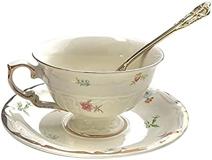 Kahve Fincanı Çay Bardağı ve tabağı Seti 6.8 Oz Porselen Kahve Fincanı Vintage Çiçekli Seramik çay bardağı Seti Tabağı ve Kaşık