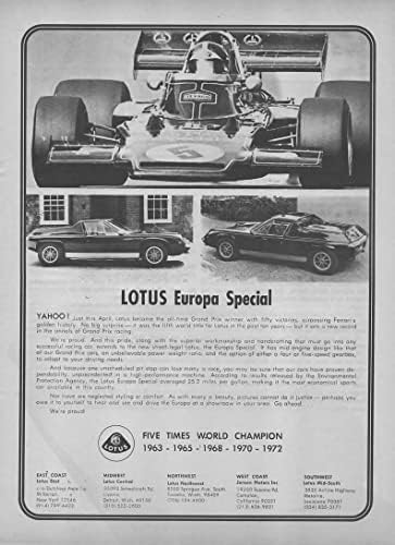 6 Orijinal Dergi Baskı Reklamları Kümesi: 1973-1974 Lotus Europa Özel, Colin Chapman, Sokak Yasal Spor Araba, Beş Kez bir Dünya