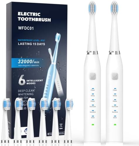 2 adet Beyaz Elektrikli Diş Fırçası, Yetişkin Şarj Edilebilir Diş Fırçası, 6 İsteğe Bağlı Mod ve 2 Dakikalık Dahili Zamanlayıcı,