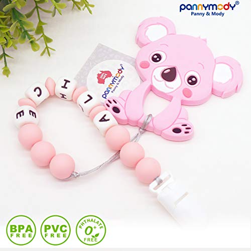 Panny & Mody Kişiselleştirilmiş Emzik Klip ile Adı Bebek diş çıkartma oyuncakları, özel Ad Emzik Tutucu Silikon Boncuk Binky