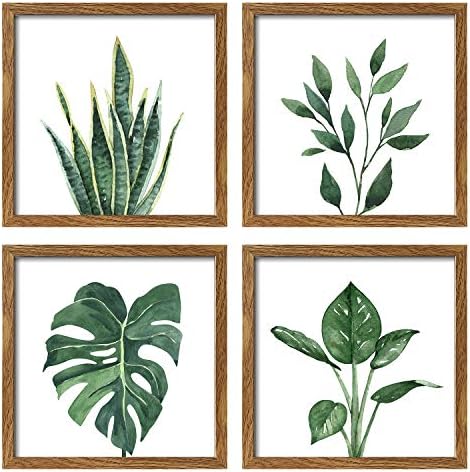 ArtbyHannah 10x10 İnç 4 Paneller Botanik Çerçeveli Ceviz Finish Resim Çerçevesi Kolaj Seti Duvar sanat dekoru Suluboya Yeşil