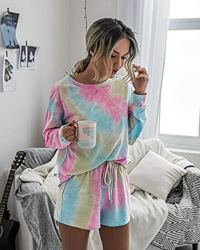 PRETTYGARDEN kadın Kravat Boya Baskılı Pijama Set Uzun Kollu Üstleri Şort salonu seti Rahat Iki Parçalı Pijama