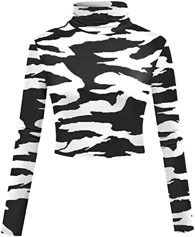 Kırpma Üst Uzun Kollu Gömlek Kadınlar ıçin Yüksek Mock Boyun Slim Gömme Zebra Baskı Grafik T Shirt Temel Bluz Tops