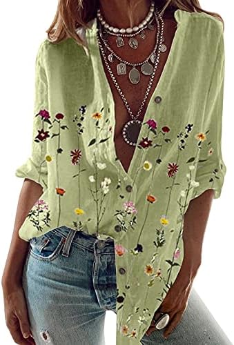 Kadın artı boyutu gömlek Casual çiçek baskı gömlek V yaka bluz düğme uzun rulo kollu Tops